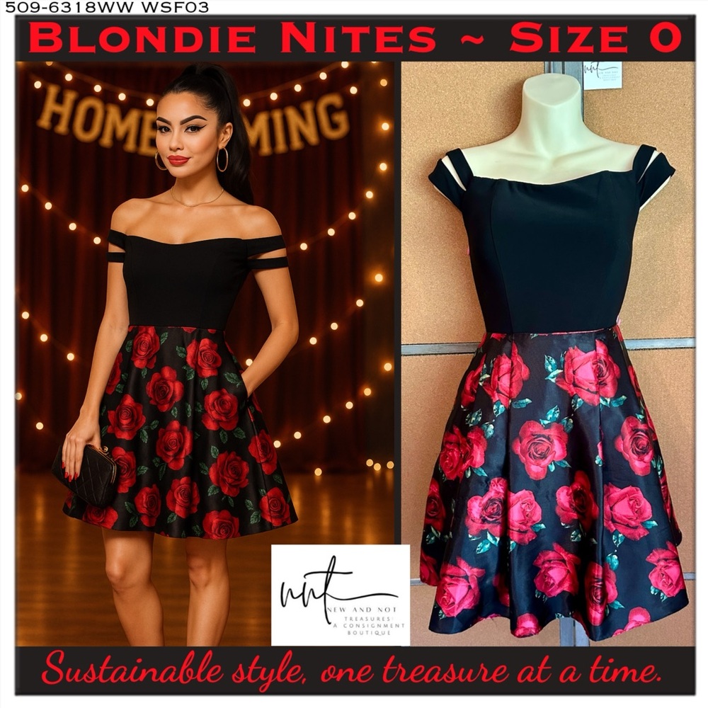 Blondie Nites Black Red Rose Charmeuse Off Shoulder Fit & Flare Dress Size 0